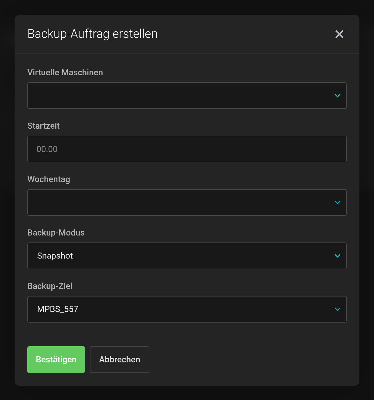 Dialog Backup-Auftrag erstellen mit den Feldern Virtuelle Maschinen, Startzeit, Wochentag, Backup-Modus und Backup-Ziel; im Backup-Ziel ist der eigene Datastore MPBS_557 ausgewählt