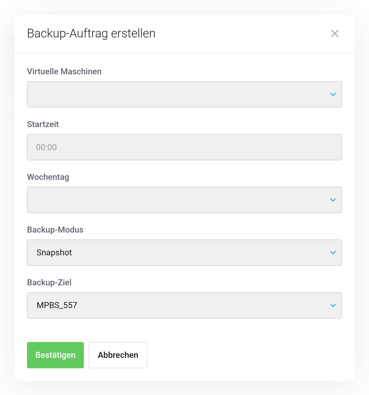 Dialog Backup-Auftrag erstellen mit den Feldern Virtuelle Maschinen, Startzeit, Wochentag, Backup-Modus und Backup-Ziel