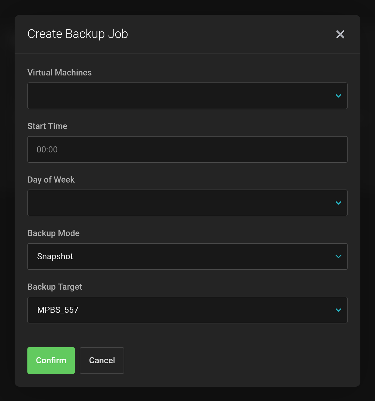 Create Backup Job dialog with the fields Virtual Machines, Start Time, Day of Week, Backup Mode and Backup Target; in Backup Target your own datastore MPBS_557 is selected