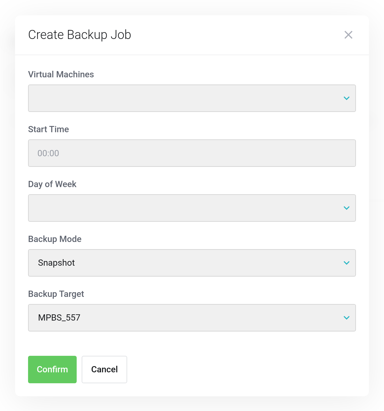 Create Backup Job dialog with the fields Virtual Machines, Start Time, Day of Week, Backup Mode and Backup Target; in Backup Target your own datastore MPBS_557 is selected