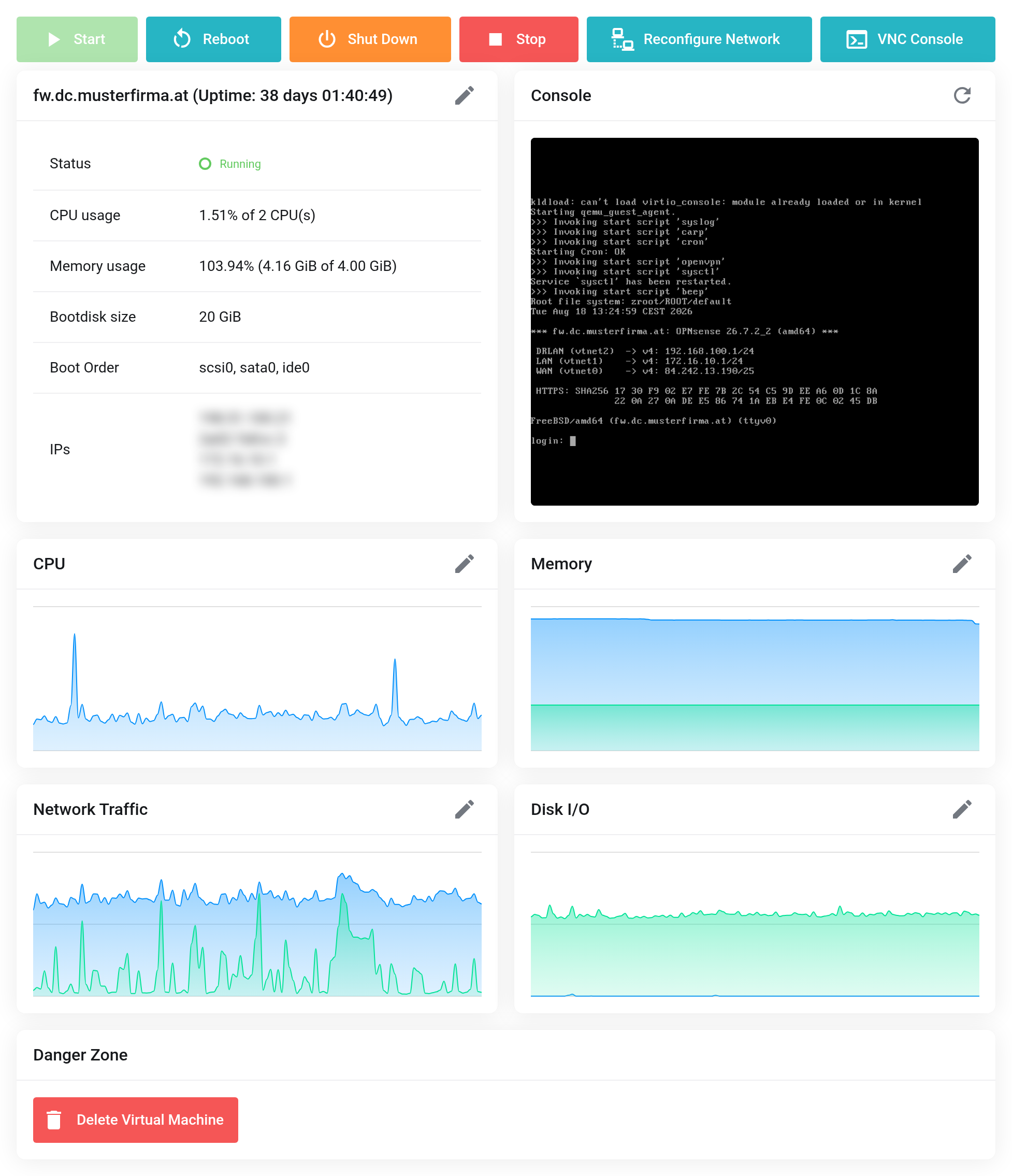 Management page of a virtual machine with status, CPU usage, Memory usage, Bootdisk size, Boot Order, IP addresses and console preview