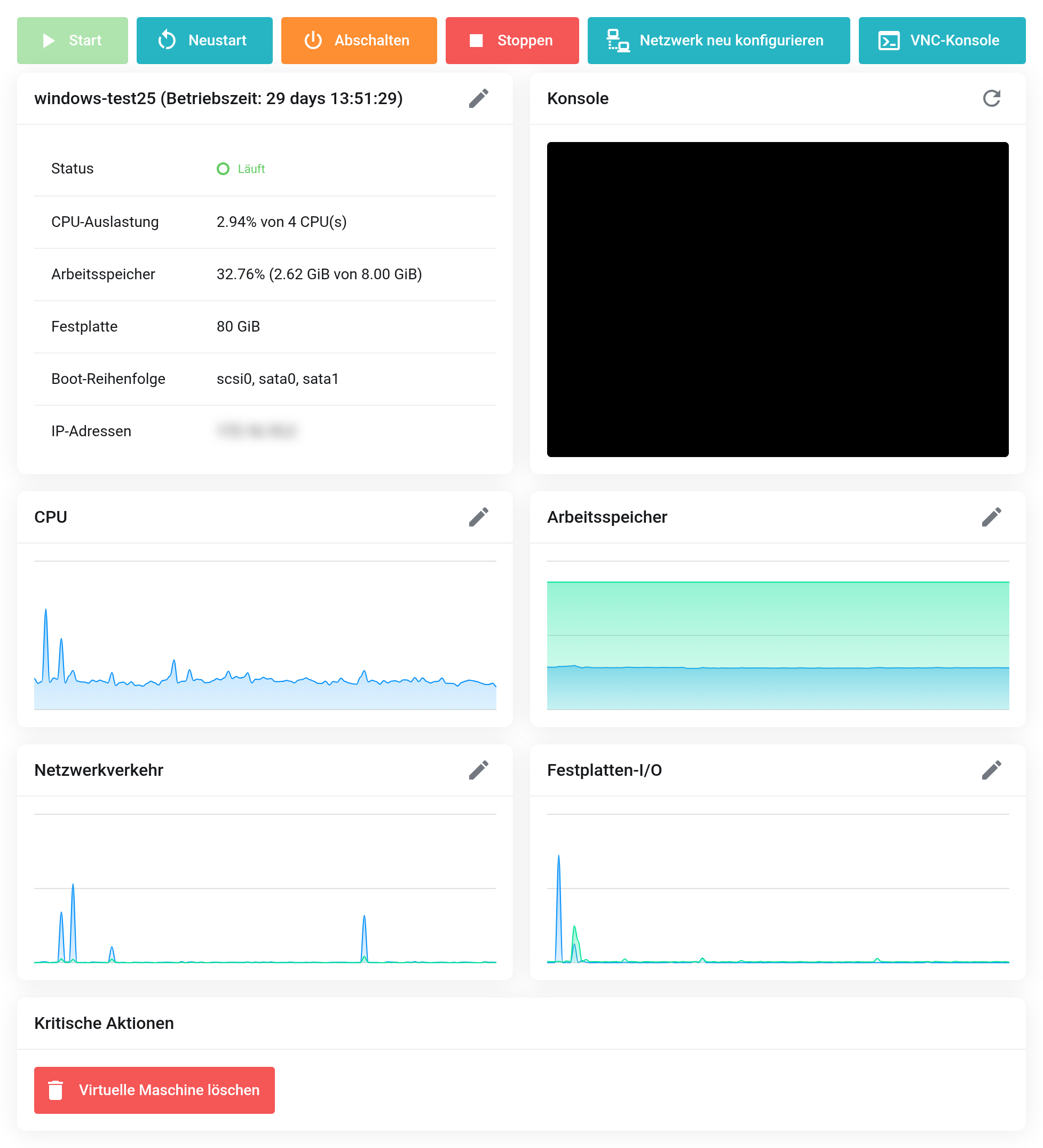 Verwaltungsseite einer virtuellen Maschine mit Status, CPU-Auslastung, Arbeitsspeicher, Festplatte, Boot-Reihenfolge, IP-Adressen und Konsolenvorschau