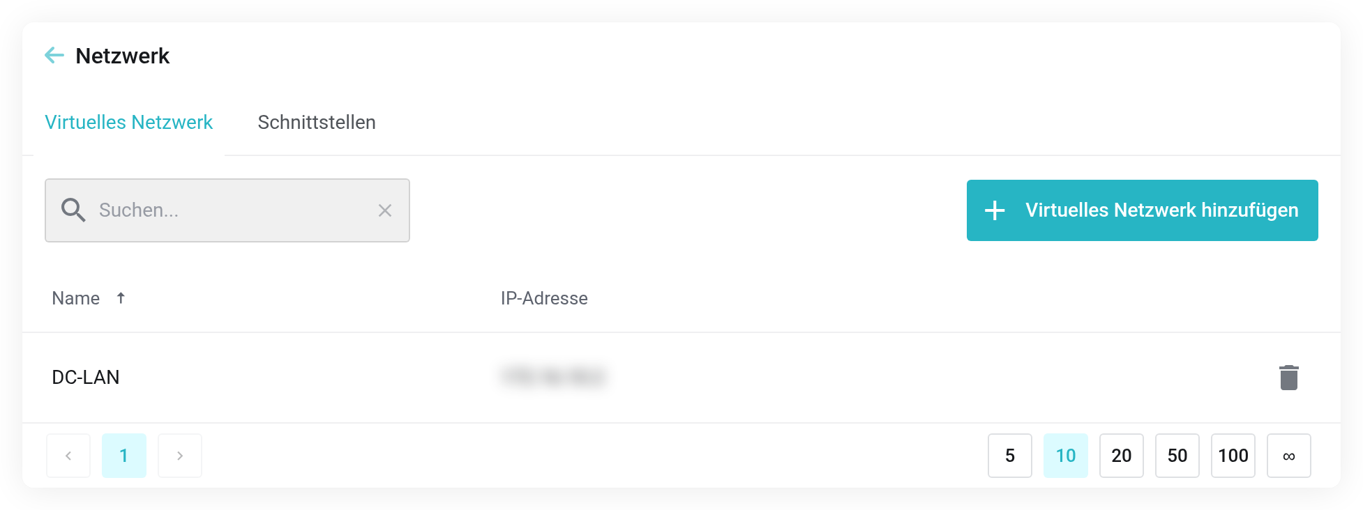Netzwerkseite einer virtuellen Maschine mit den Reitern Virtuelles Netzwerk und Schnittstellen sowie der zugewiesenen IP-Adresse