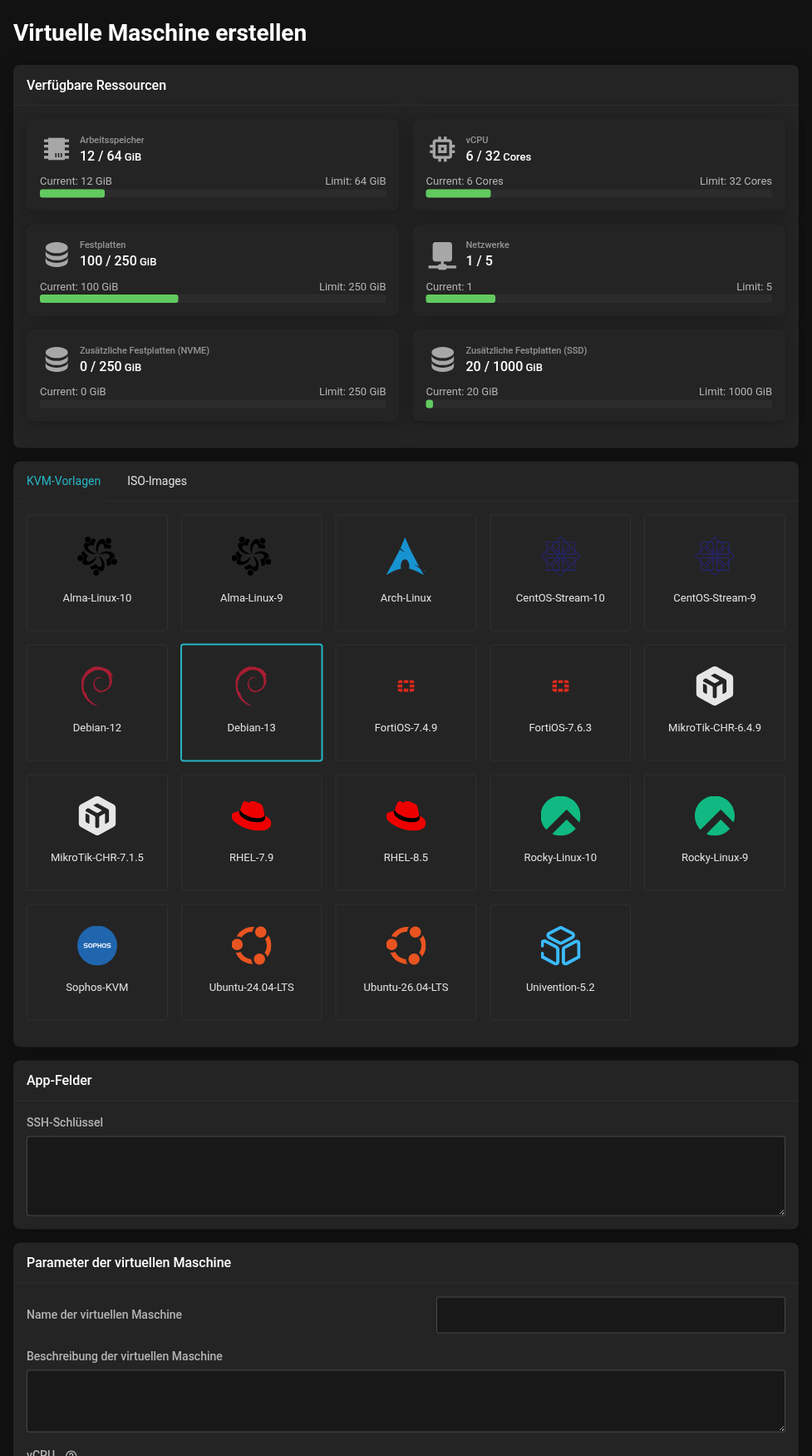 Seite Virtuelle Maschine erstellen mit den verfügbaren Ressourcen, der Auswahl zwischen KVM-Vorlagen und ISO-Images und den Parametern der virtuellen Maschine