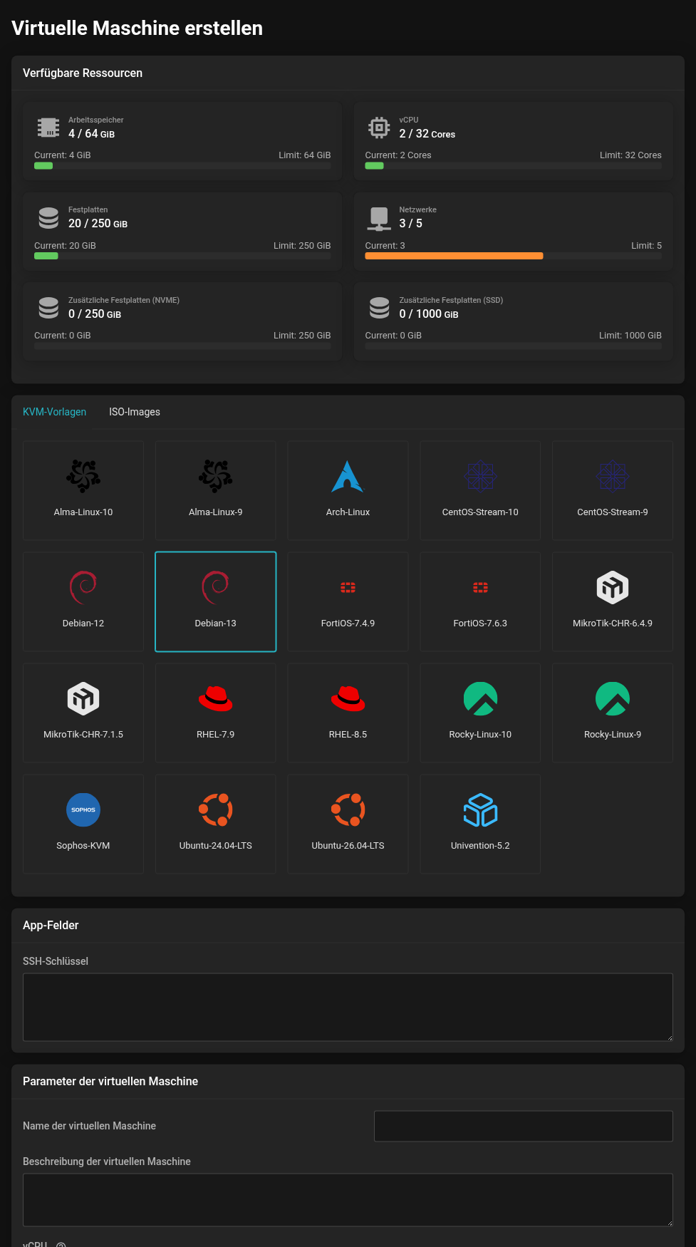 Seite Virtuelle Maschine erstellen mit den verfügbaren Ressourcen, der Auswahl zwischen KVM-Vorlagen und ISO-Images und den Parametern der virtuellen Maschine
