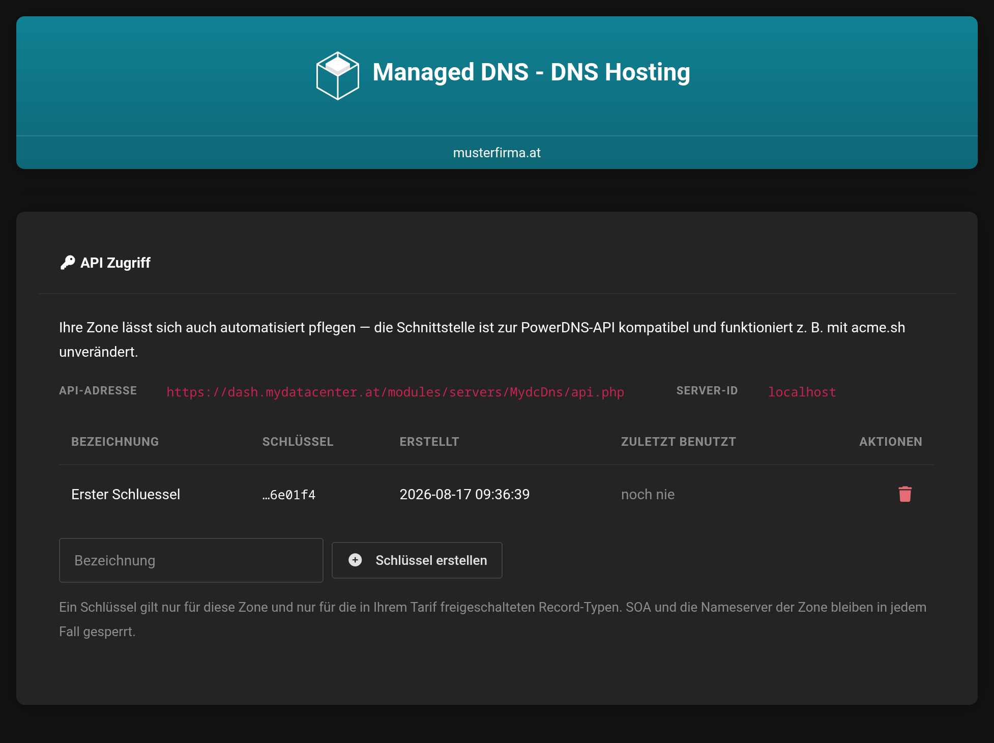 Ansicht API Zugriff mit API-Adresse, Server-ID und der Liste der hinterlegten Schlüssel