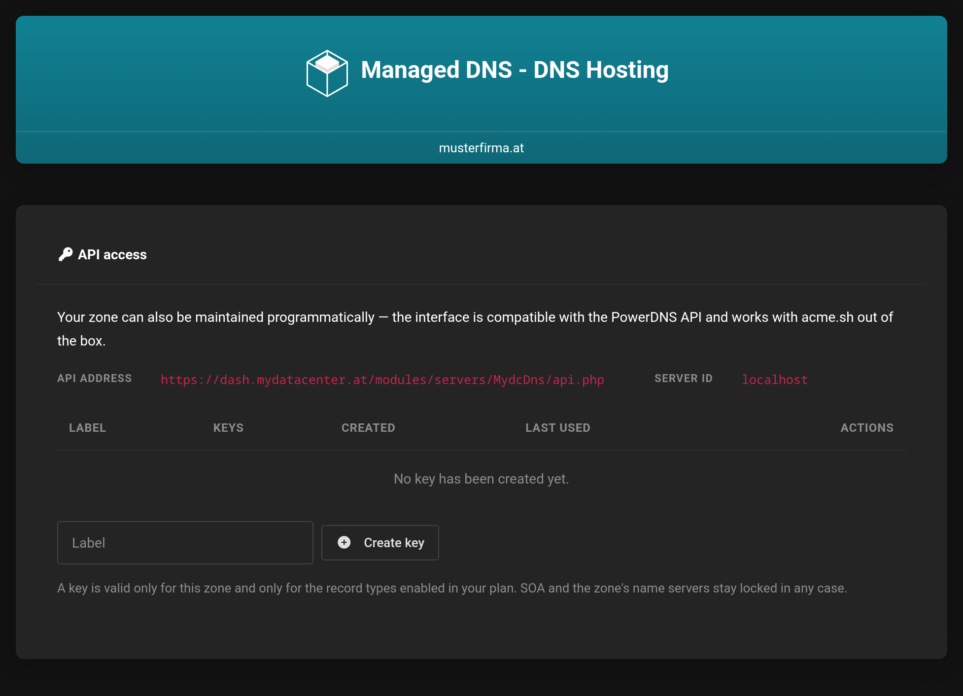 API access view with API address, Server ID and the list of stored keys