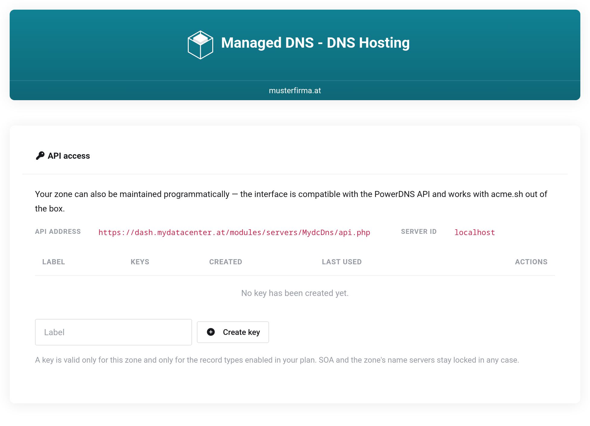 API access view with API address, Server ID and the list of stored keys