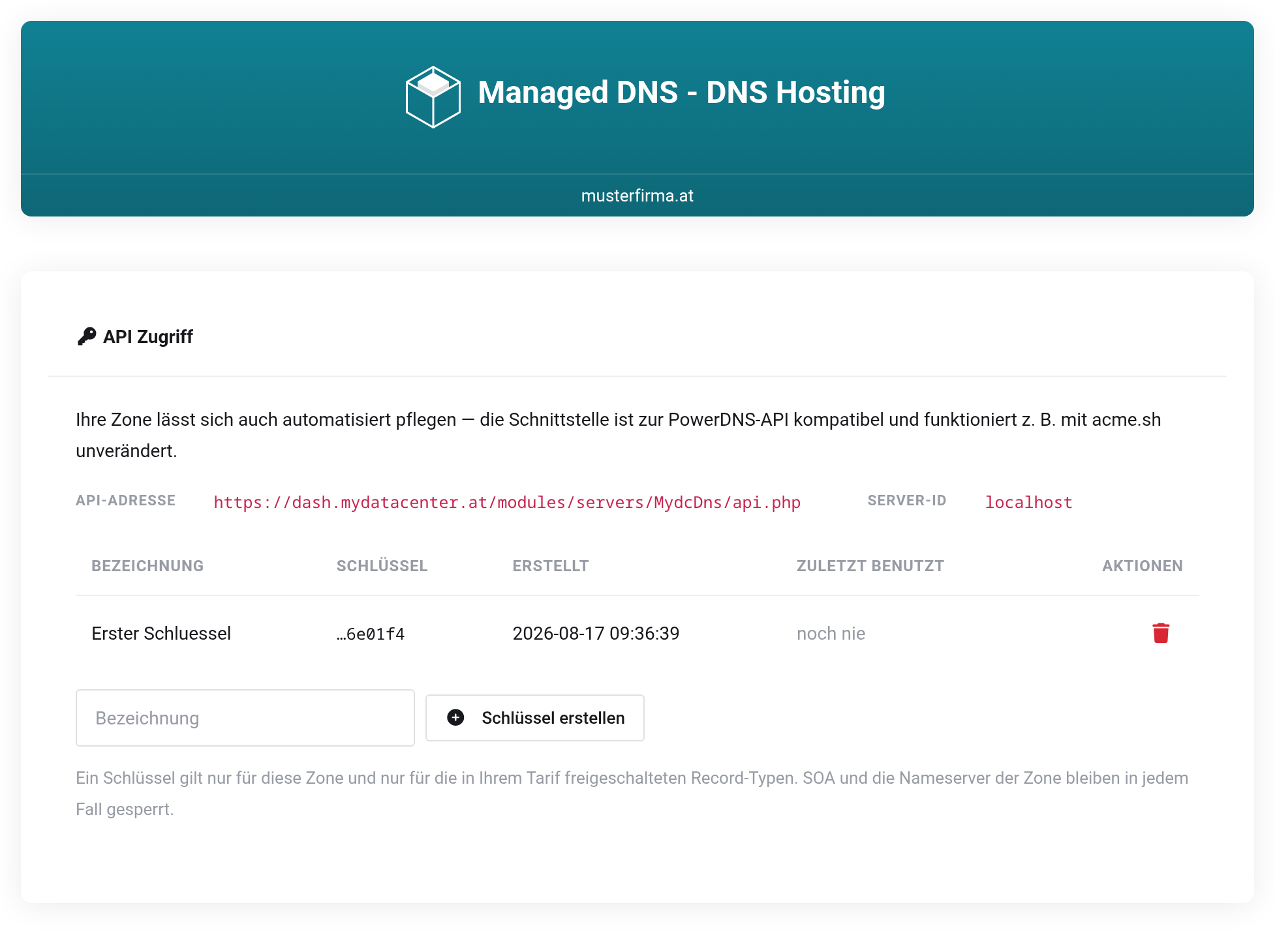 Ansicht API Zugriff mit API-Adresse, Server-ID und der Liste der hinterlegten Schlüssel
