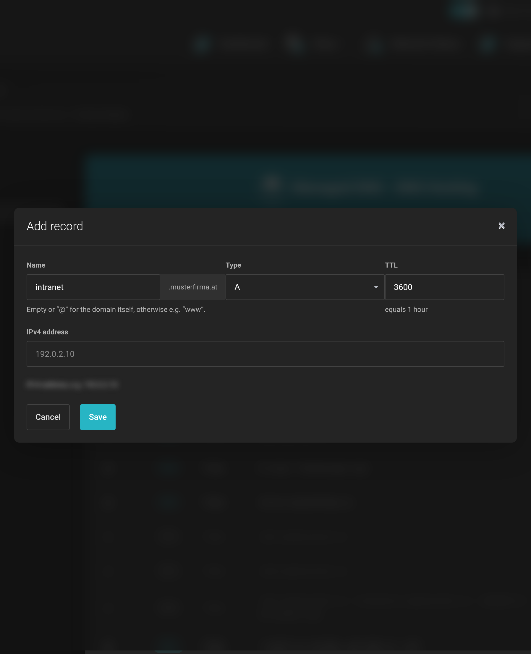 Input form for a new record with the fields Name, Type and TTL