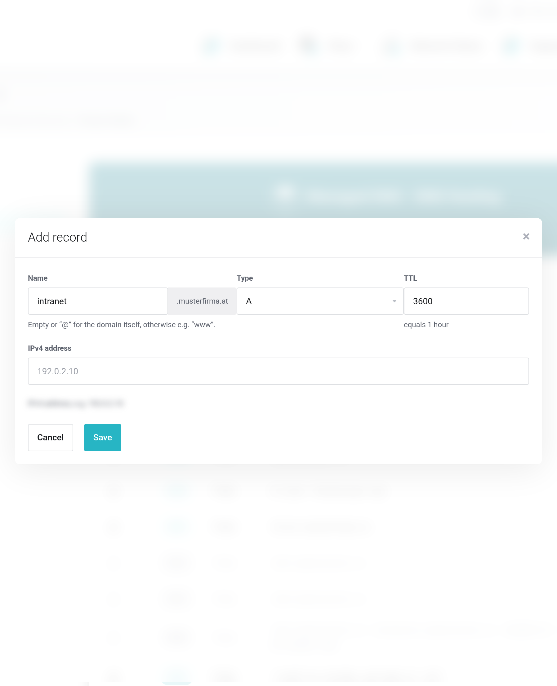 Input form for a new record with the fields Name, Type and TTL