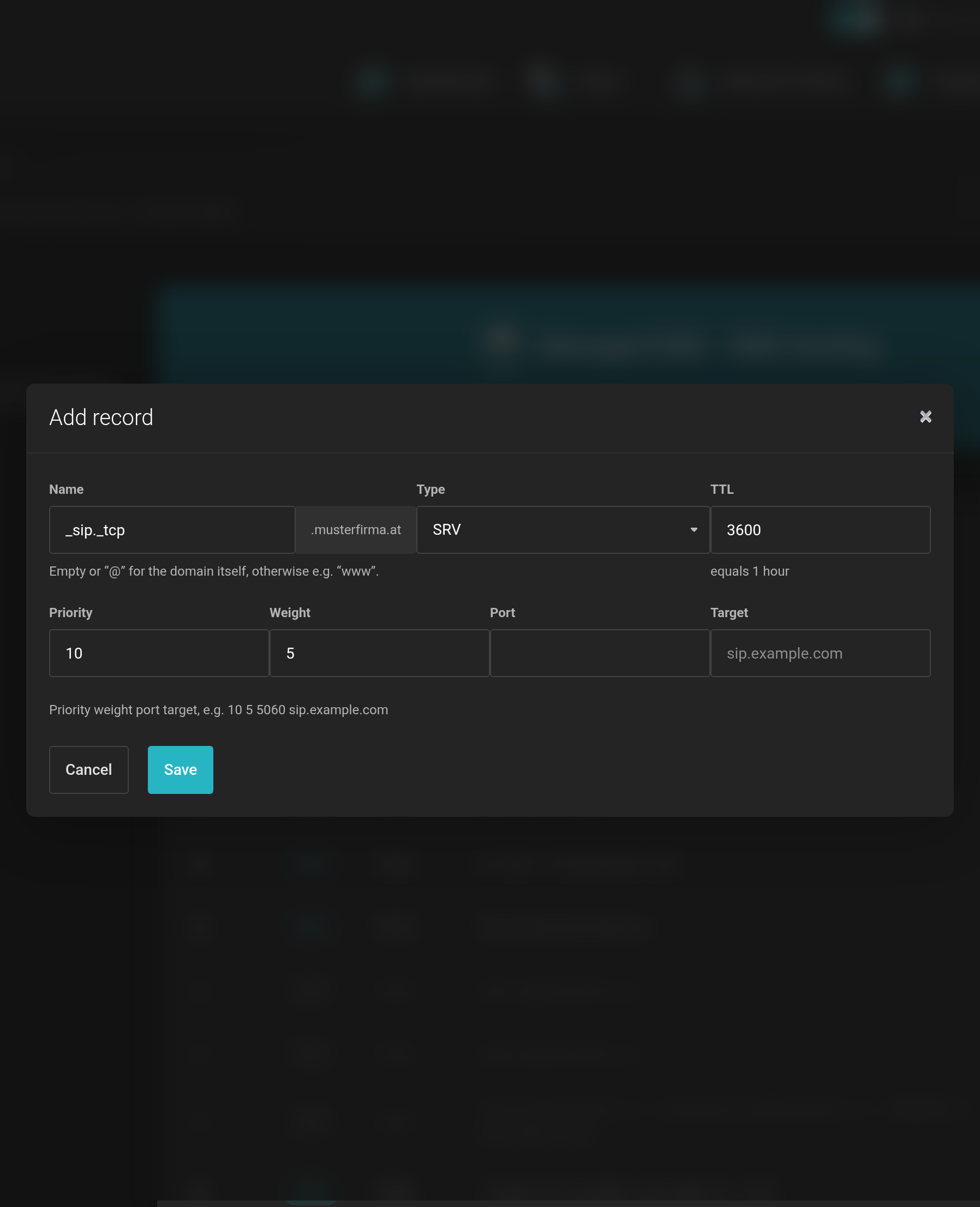 Input form for an SRV record with separate fields for Priority, Weight, Port and Target