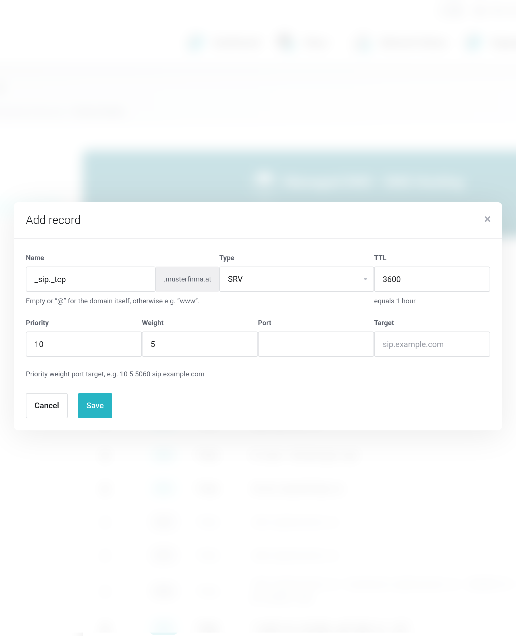 Input form for an SRV record with separate fields for Priority, Weight, Port and Target