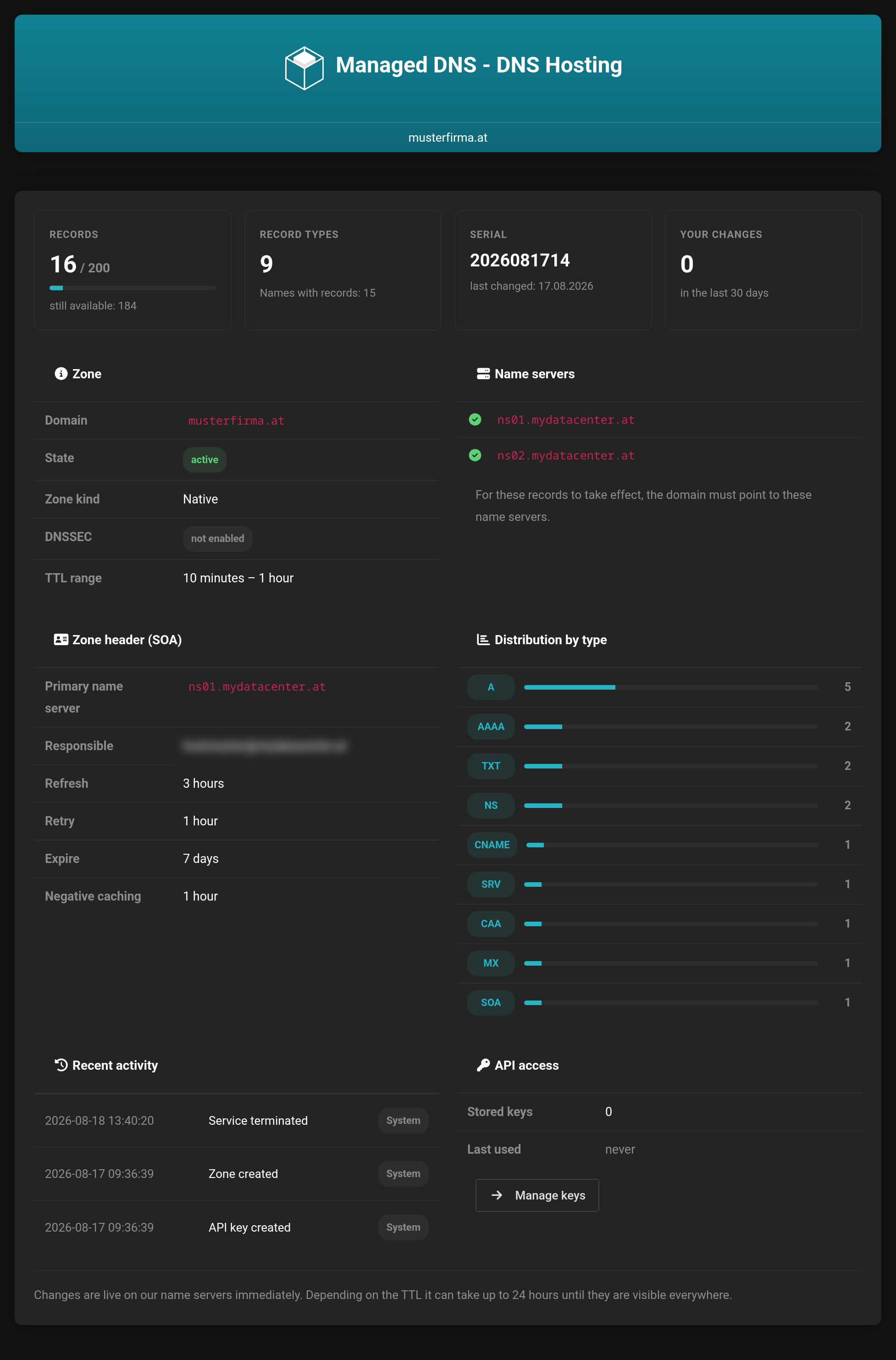 Information page with key figures on records and record types, zone header, distribution by type and the recent activity