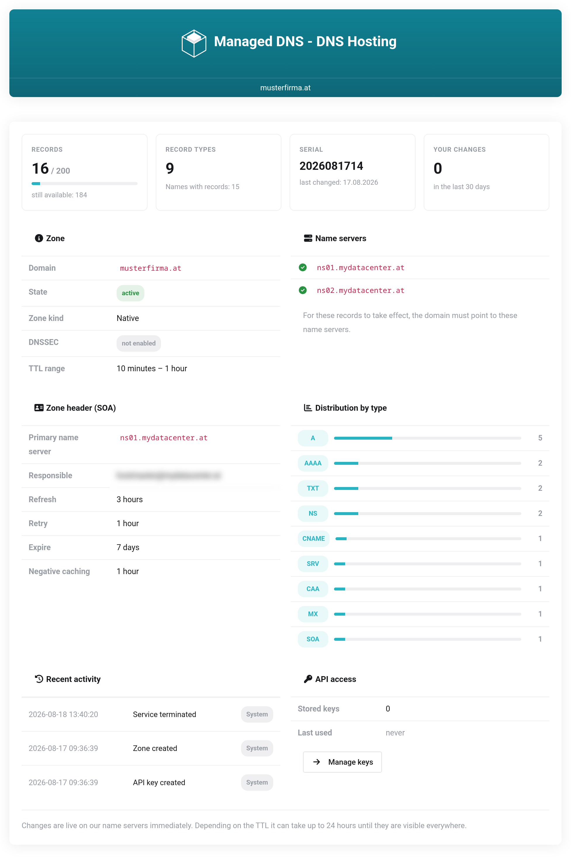 Information page with key figures on records and record types, zone header, distribution by type and the recent activity