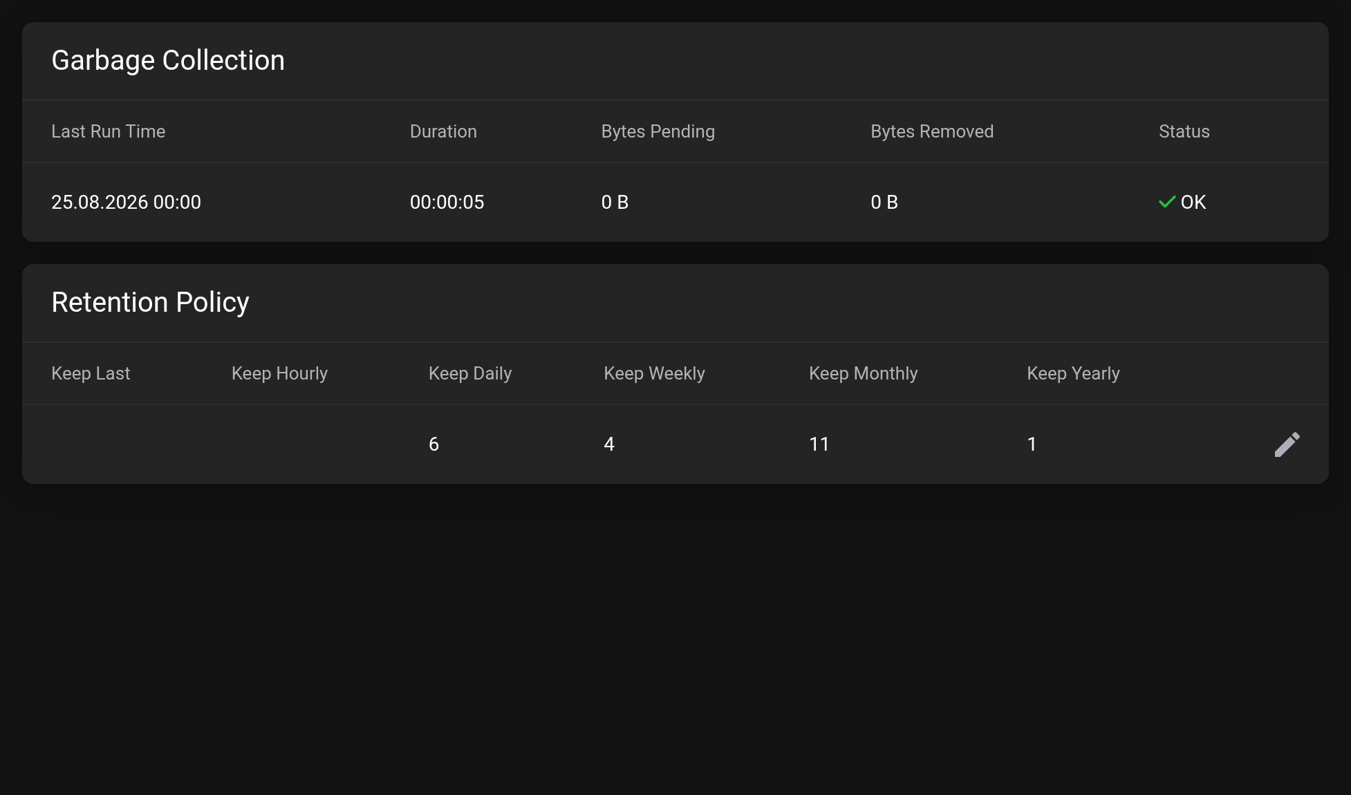 Retention-Settings page with the Garbage Collection table and the Retention Policy table with the keep values