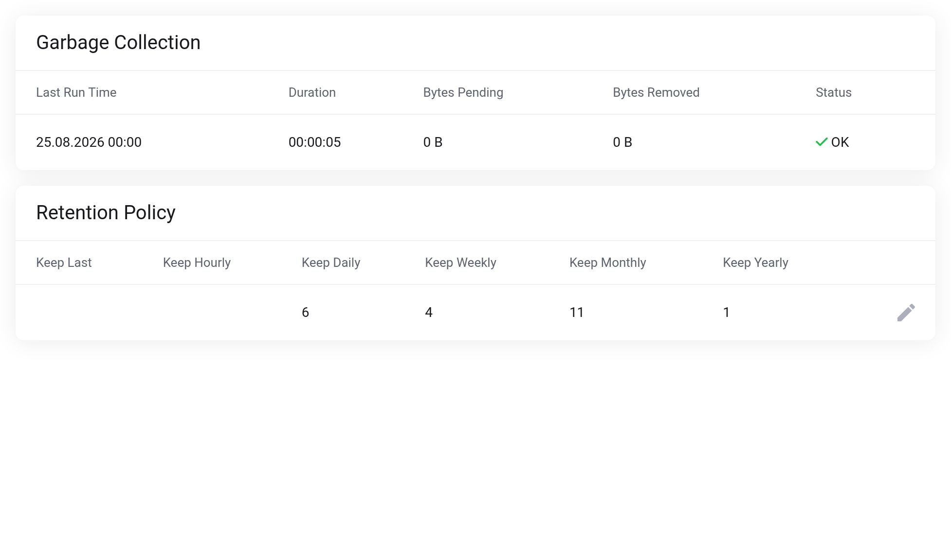 Retention-Settings page with the Garbage Collection table and the Retention Policy table with the keep values