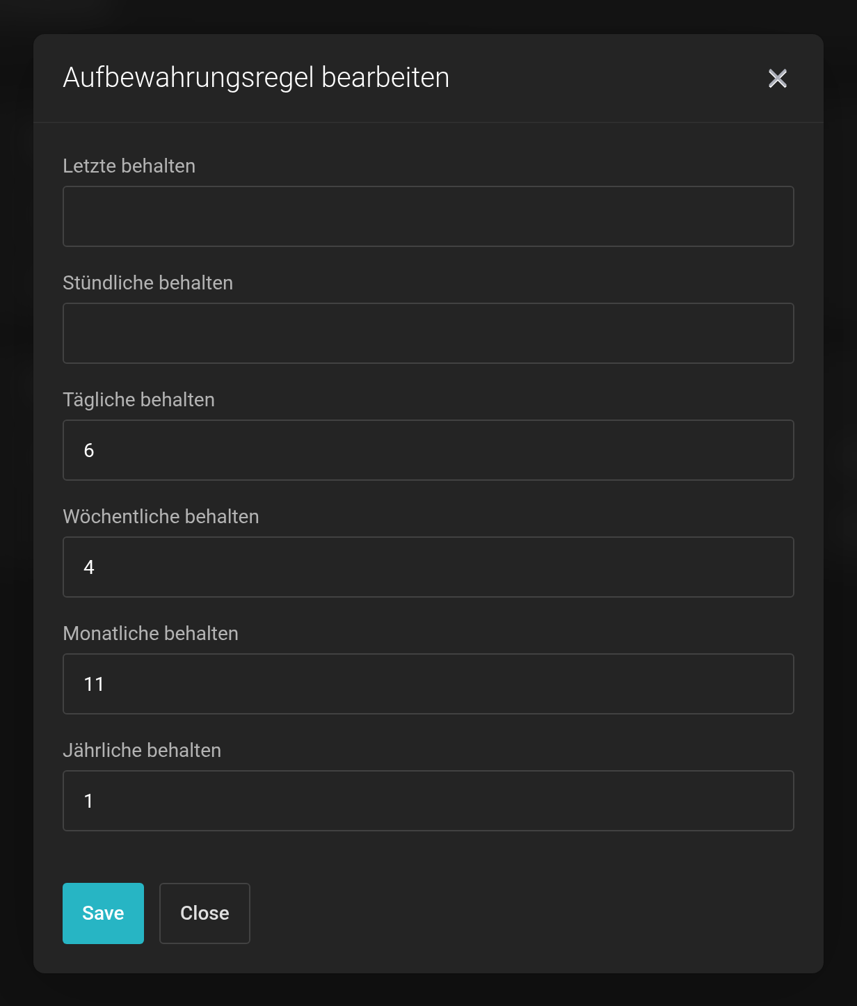 Dialog Aufbewahrungsregel bearbeiten mit den Feldern Letzte, Stündliche, Tägliche, Wöchentliche, Monatliche und Jährliche behalten