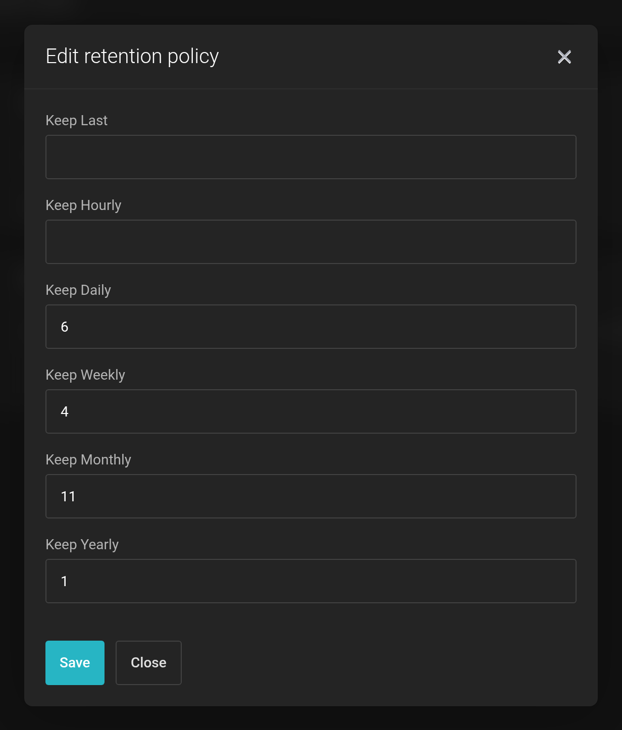 Edit retention policy dialog with the fields Keep Last, Keep Hourly, Keep Daily, Keep Weekly, Keep Monthly and Keep Yearly