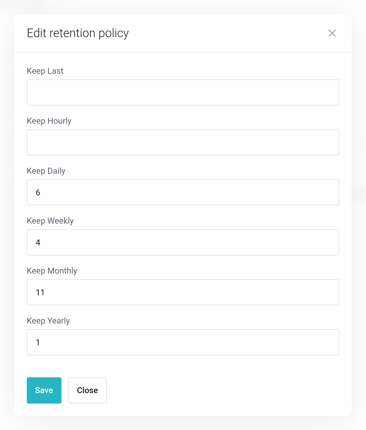 Edit retention policy dialog with the fields Keep Last, Keep Hourly, Keep Daily, Keep Weekly, Keep Monthly and Keep Yearly
