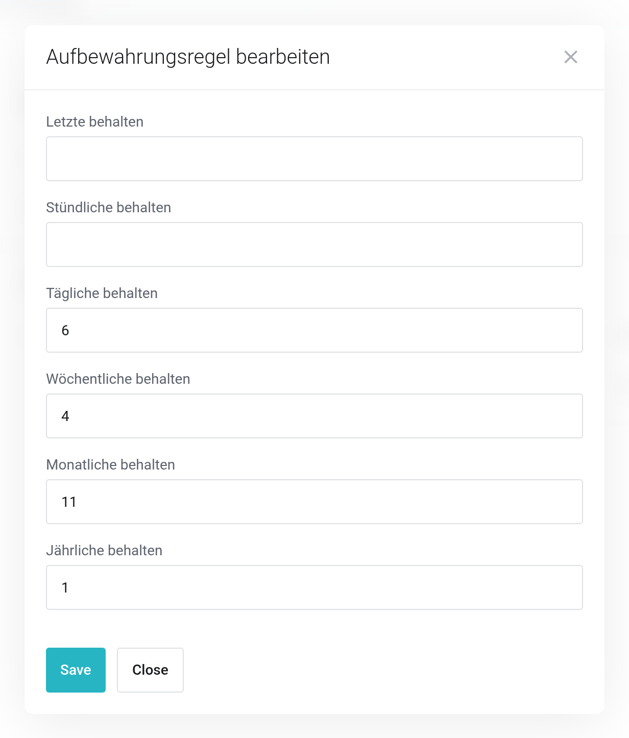 Dialog Aufbewahrungsregel bearbeiten mit den Feldern Letzte, Stündliche, Tägliche, Wöchentliche, Monatliche und Jährliche behalten