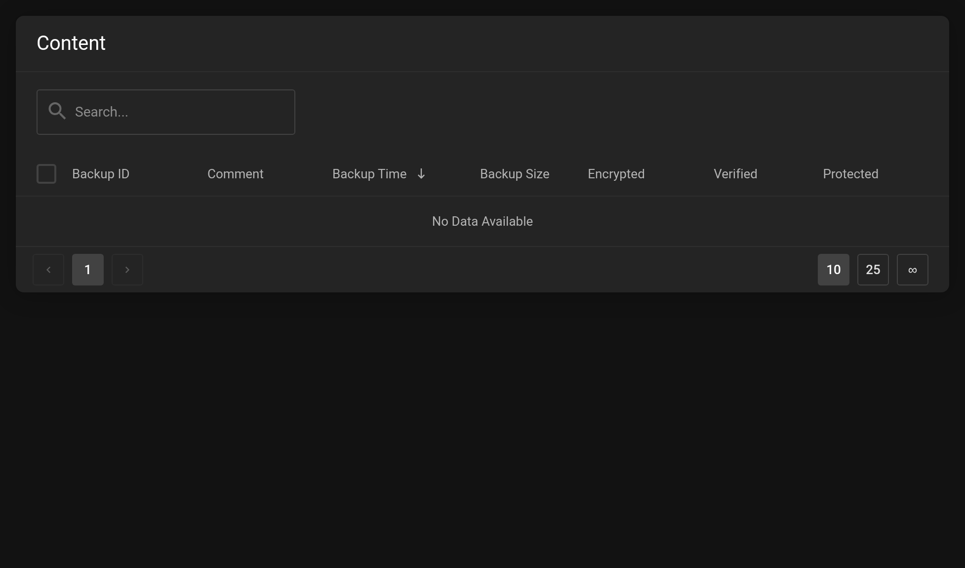Content page with the table of backups: Backup ID, Comment, Backup Time, Backup Size and the columns Encrypted, Verified and Protected