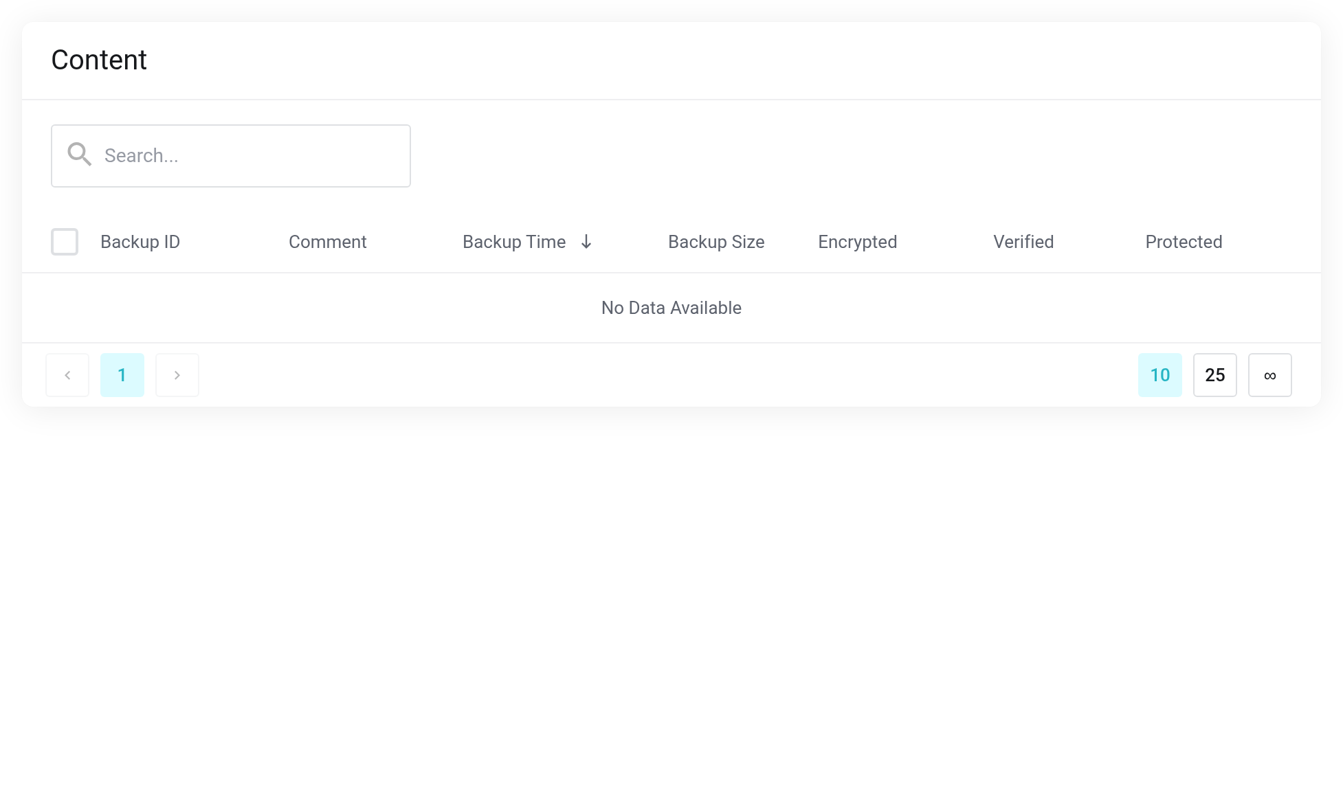 Content page with the table of backups: Backup ID, Comment, Backup Time, Backup Size and the columns Encrypted, Verified and Protected