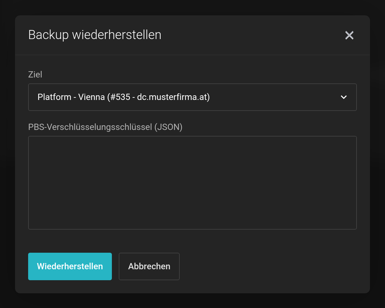 Dialog Backup wiederherstellen mit dem Auswahlfeld Ziel und dem Textfeld PBS-Verschlüsselungsschlüssel (JSON)
