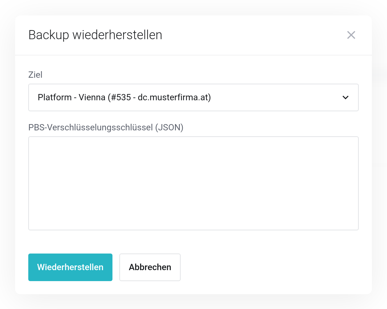 Dialog Backup wiederherstellen mit dem Auswahlfeld Ziel und dem Textfeld PBS-Verschlüsselungsschlüssel (JSON)