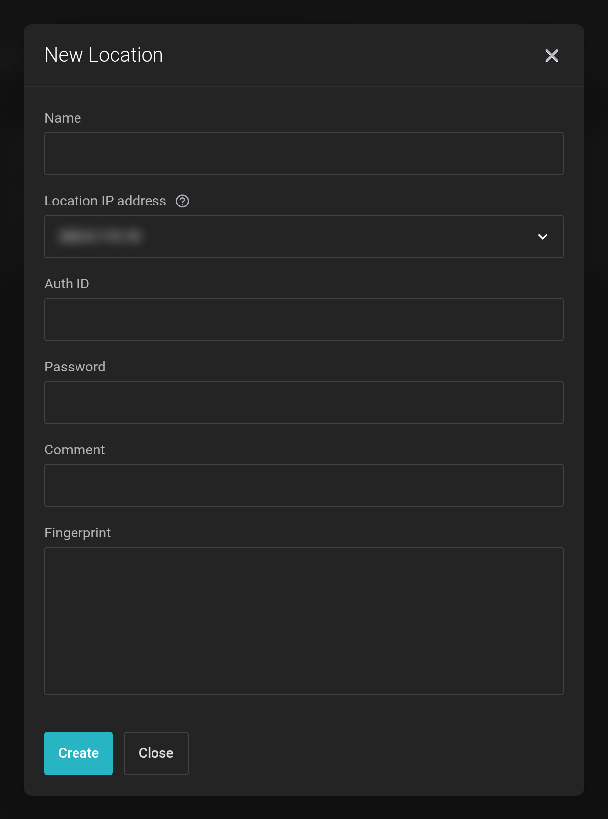 New Location dialog with the fields Name, Location IP address, Auth ID, Password, Comment and Fingerprint