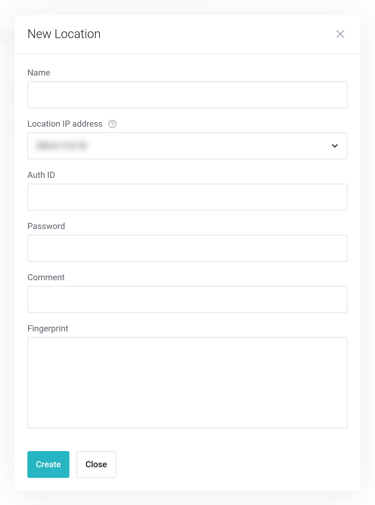 New Location dialog with the fields Name, Location IP address, Auth ID, Password, Comment and Fingerprint
