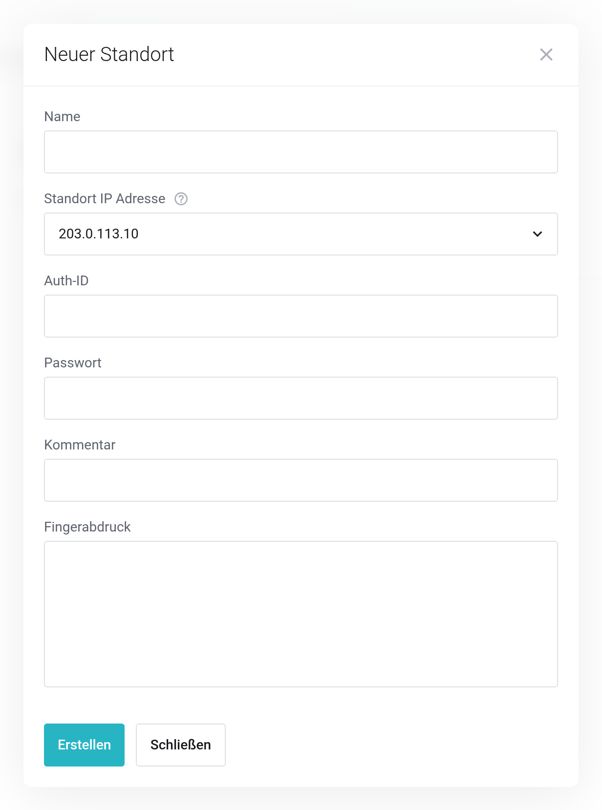 Dialog Neuer Standort mit den Feldern Name, Standort IP Adresse, Auth-ID, Passwort, Kommentar und Fingerabdruck