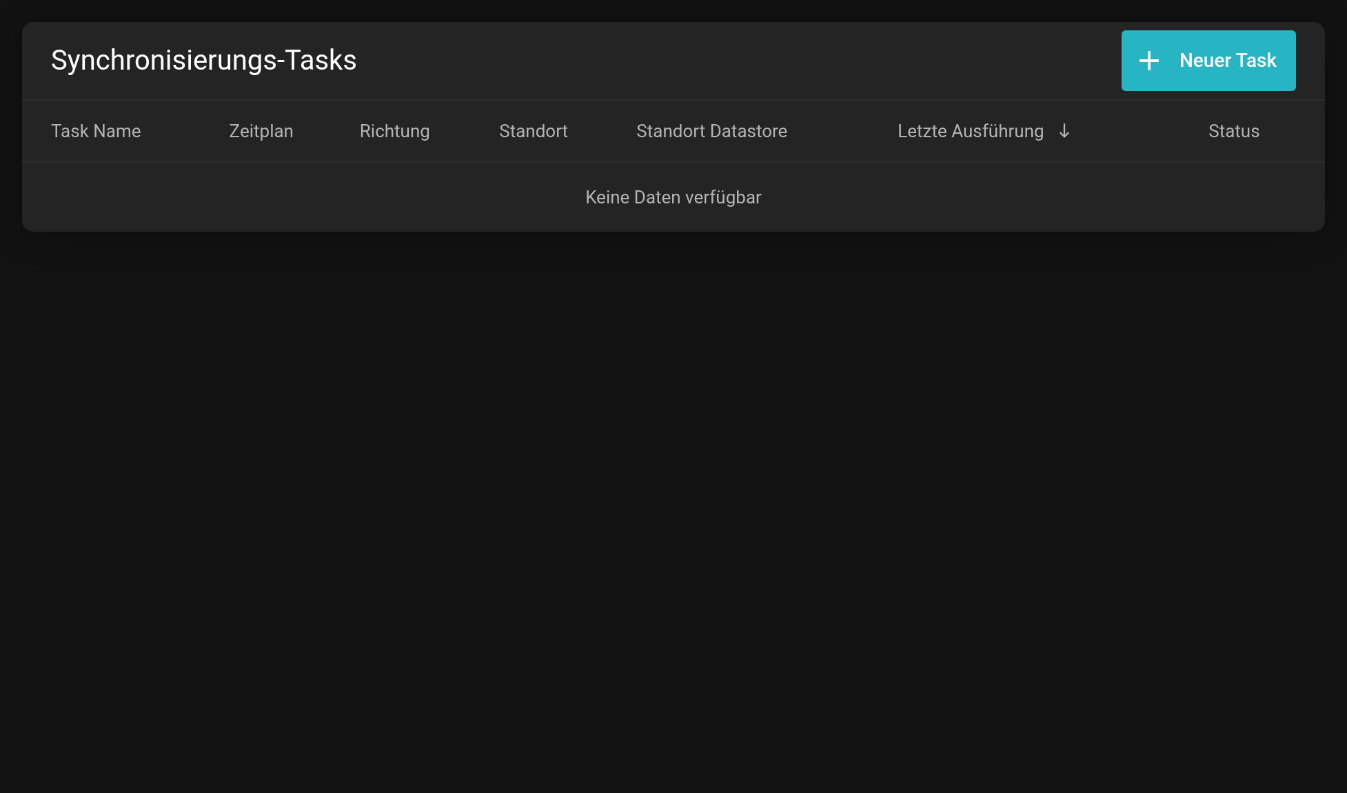 Seite Synchronisierungs-Tasks mit den Spalten Task Name, Zeitplan, Richtung, Standort, Standort Datastore, Letzte Ausführung und Status