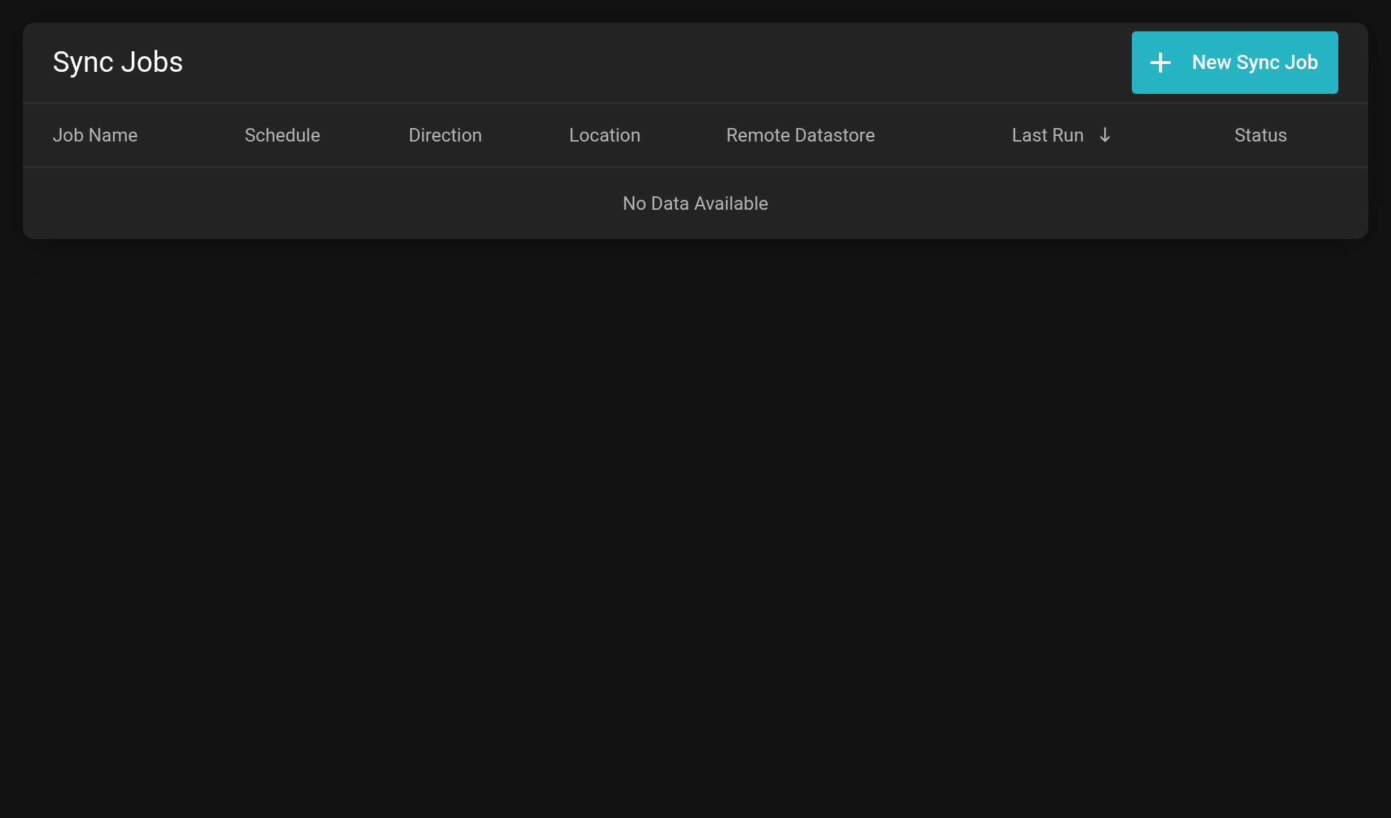 Sync Jobs page with the columns Job Name, Schedule, Direction, Location, Remote Datastore, Last Run and Status