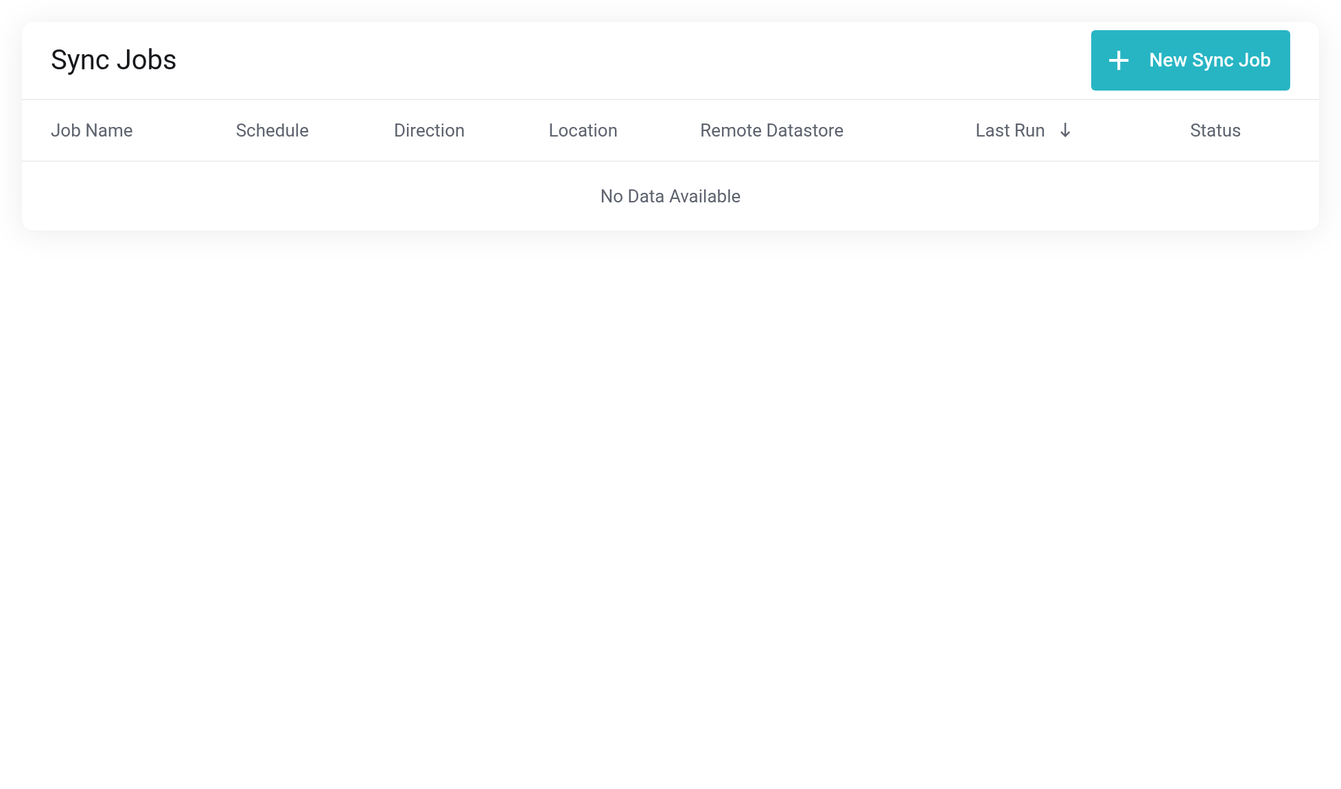 Sync Jobs page with the columns Job Name, Schedule, Direction, Location, Remote Datastore, Last Run and Status