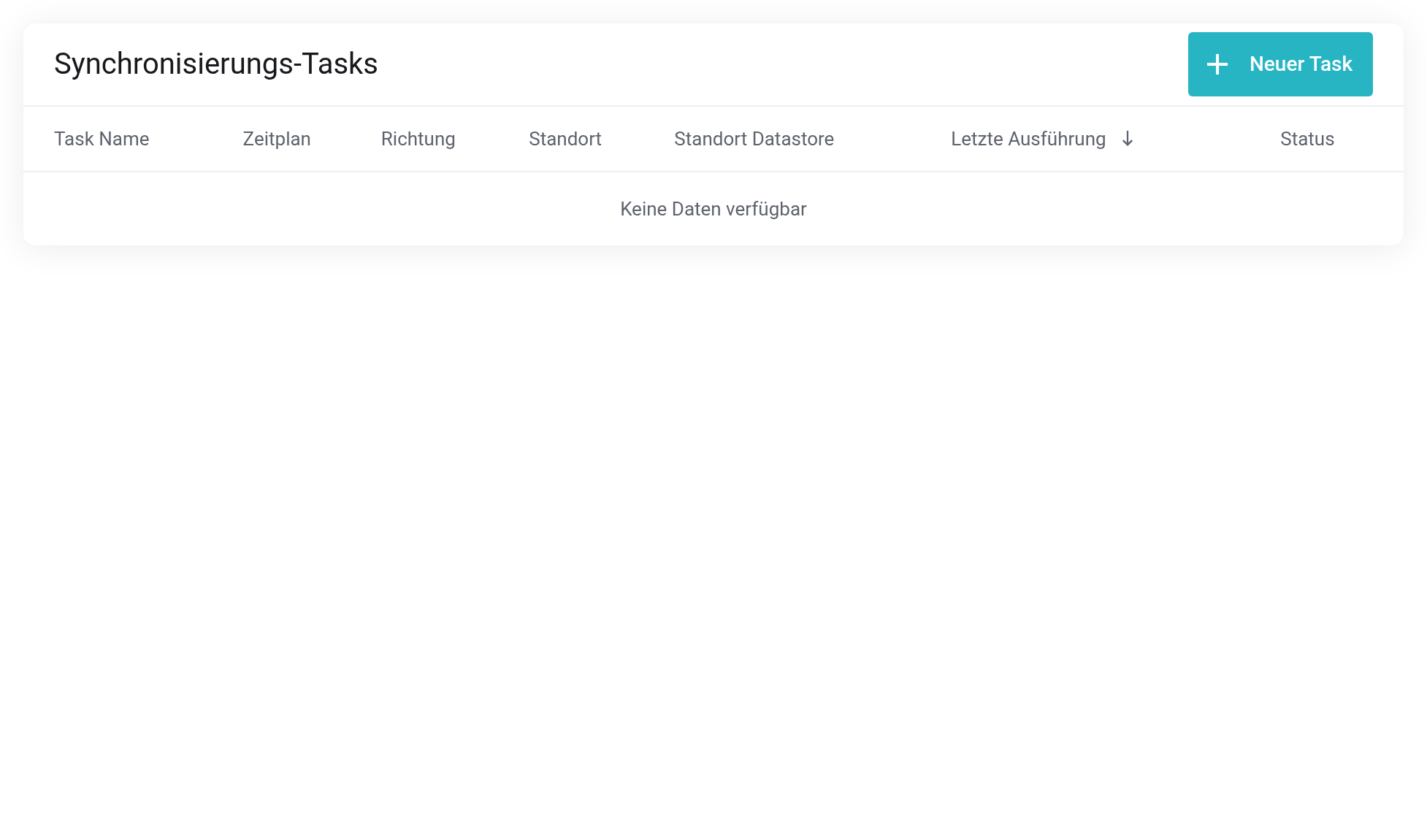Seite Synchronisierungs-Tasks mit den Spalten Task Name, Zeitplan, Richtung, Standort, Standort Datastore, Letzte Ausführung und Status