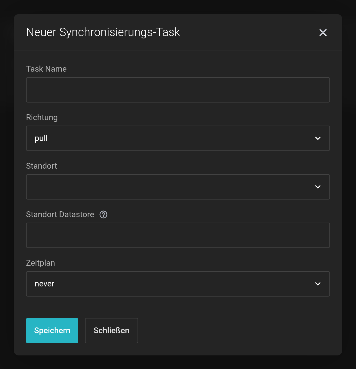 Dialog Neuer Synchronisierungs-Task mit den Feldern Task Name, Richtung, Standort, Standort Datastore und Zeitplan