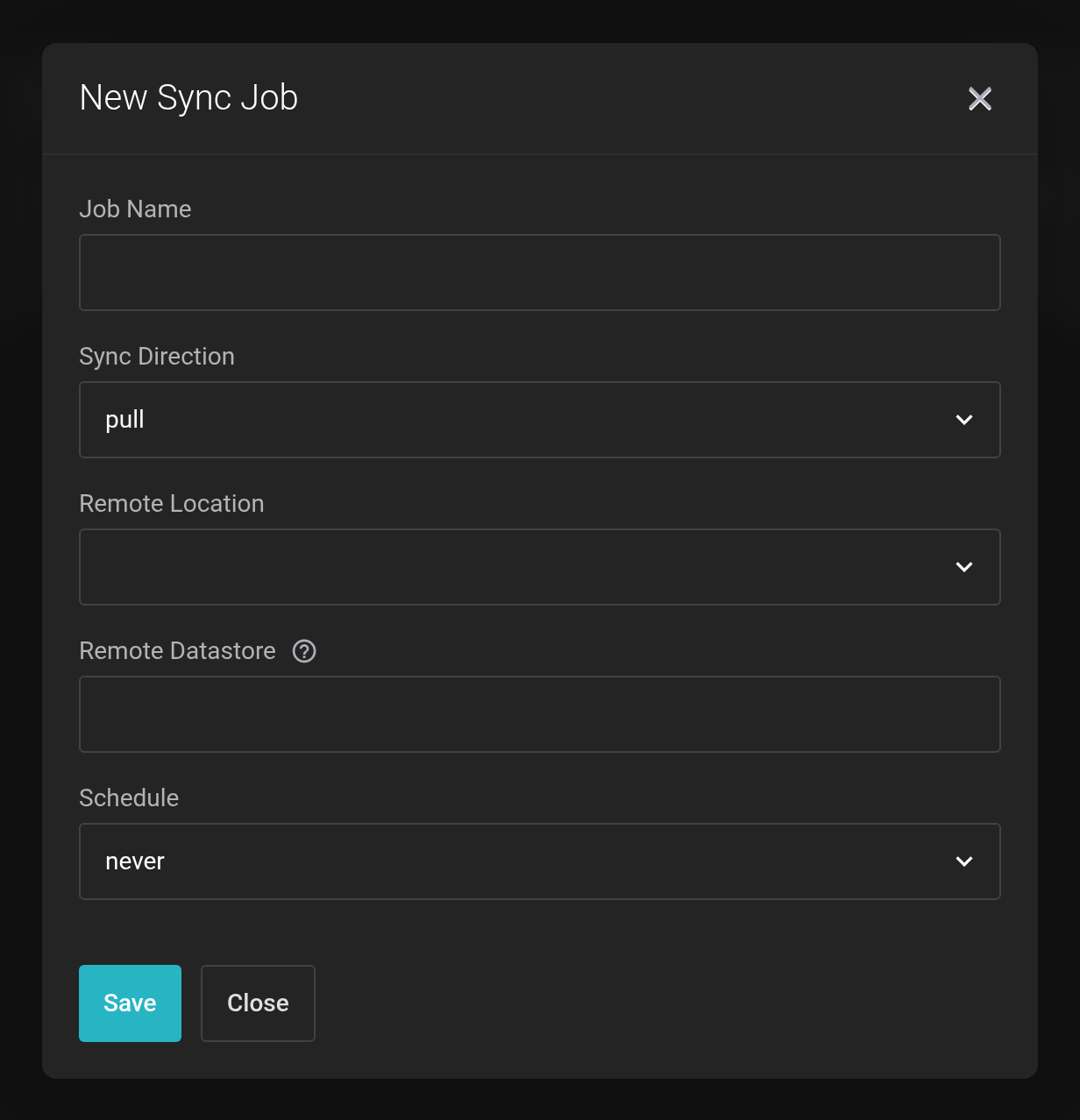 New Sync Job dialog with the fields Job Name, Sync Direction, Remote Location, Remote Datastore and Schedule