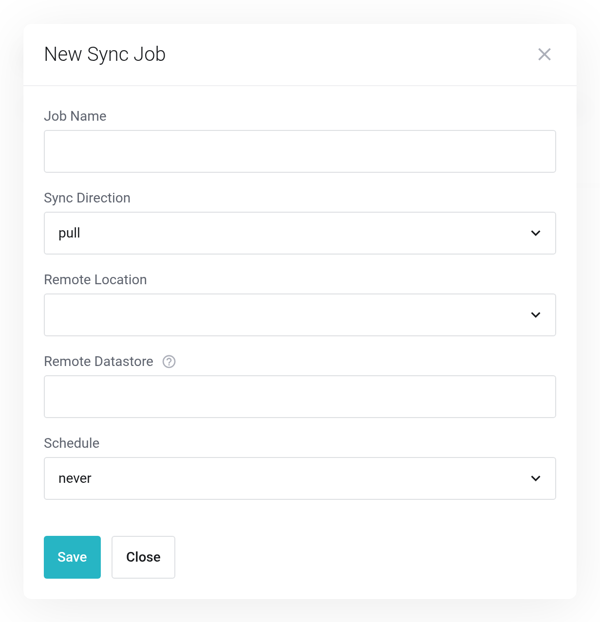 New Sync Job dialog with the fields Job Name, Sync Direction, Remote Location, Remote Datastore and Schedule