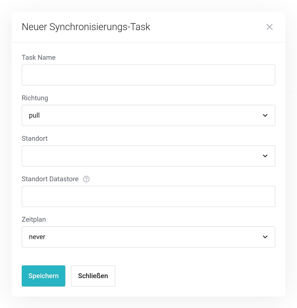 Dialog Neuer Synchronisierungs-Task mit den Feldern Task Name, Richtung, Standort, Standort Datastore und Zeitplan
