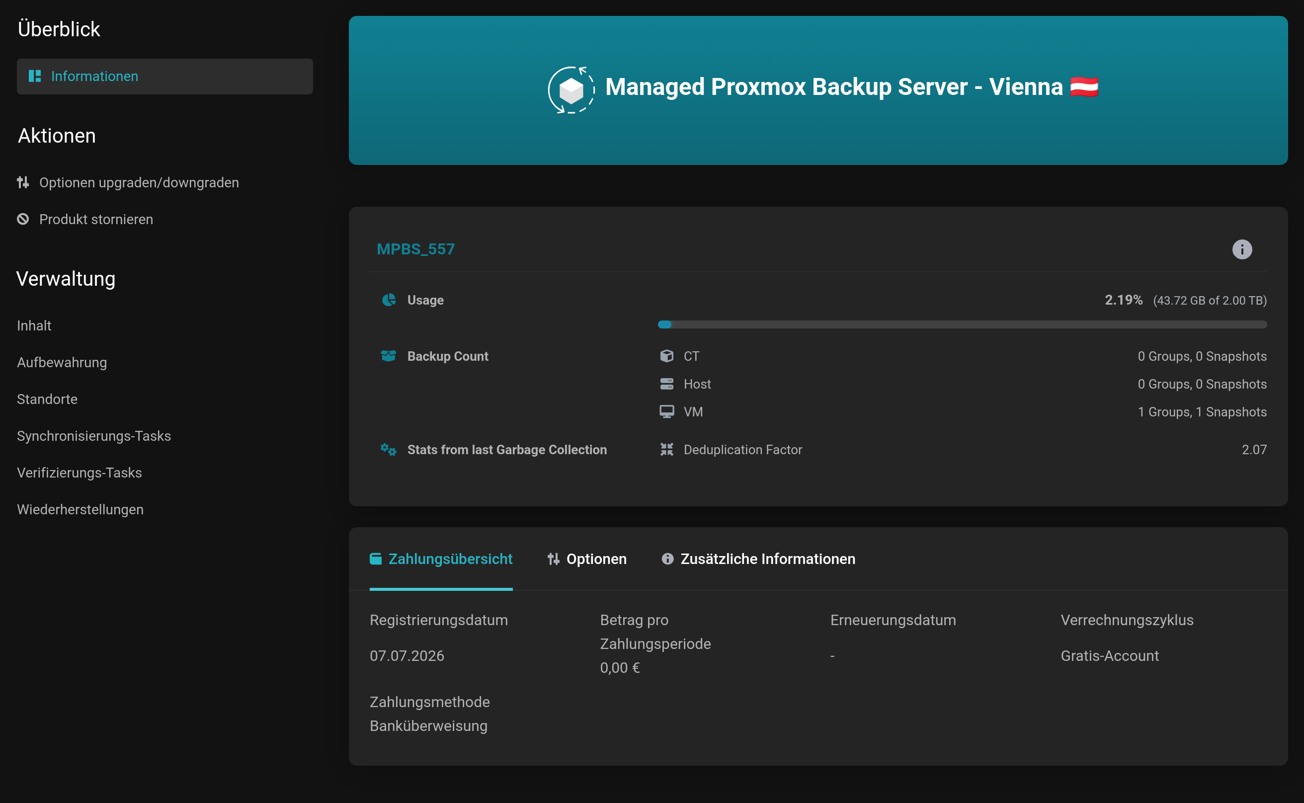 Übersichtsseite des Managed Proxmox Backup Server mit Auslastung, Anzahl der Sicherungen, Deduplizierungsfaktor und der Navigation Verwaltung
