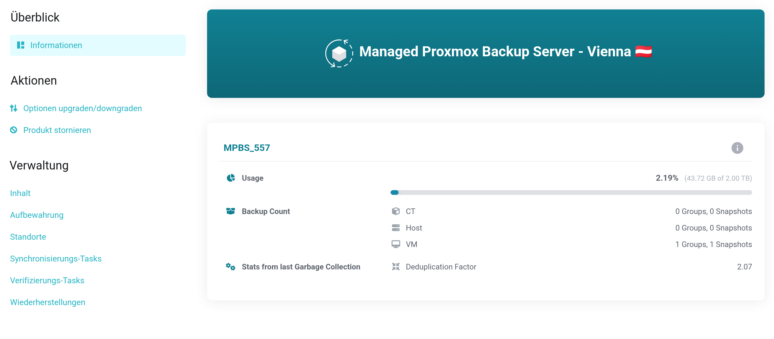 Übersichtsseite des Managed Proxmox Backup Server mit Auslastung, Anzahl der Sicherungen, Deduplizierungsfaktor und der Navigation Verwaltung