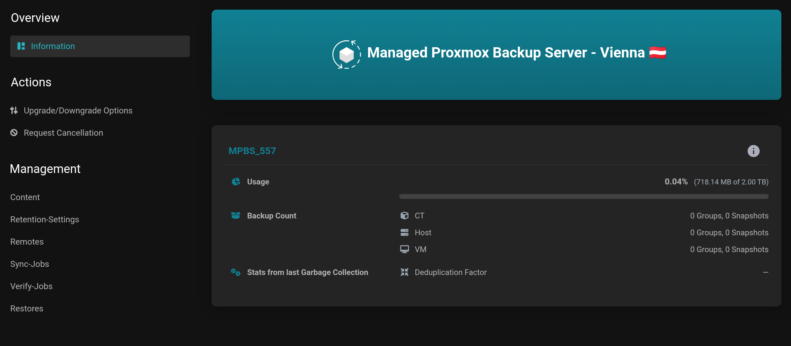 Overview page of the Managed Proxmox Backup Server with Usage, Backup Count, Deduplication Factor and the Management navigation