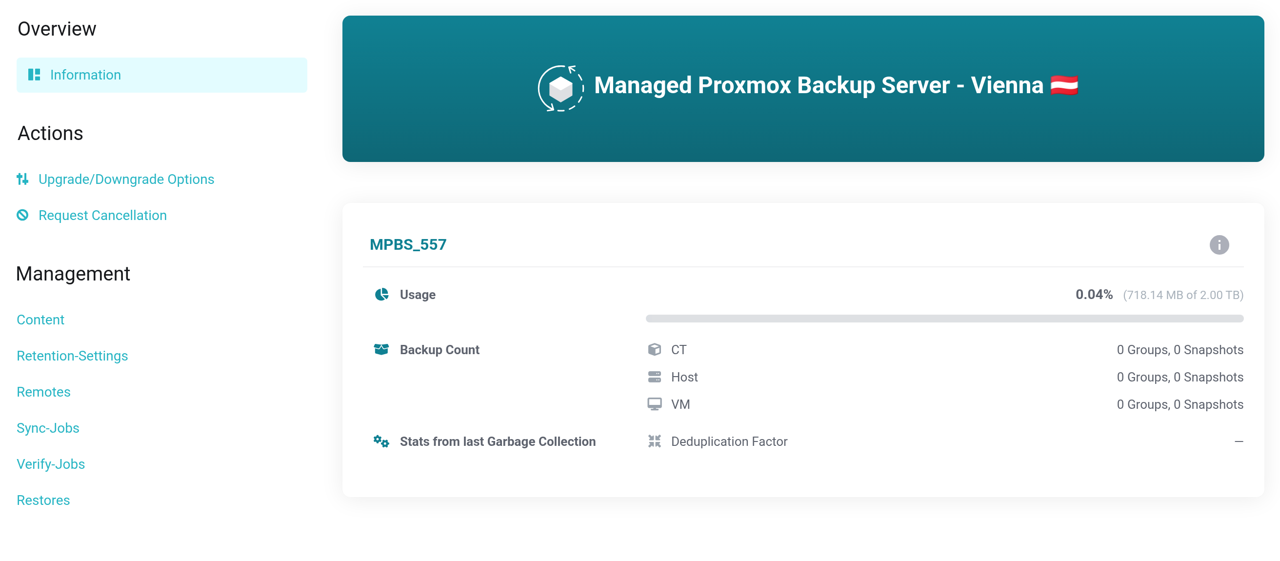 Overview page of the Managed Proxmox Backup Server with Usage, Backup Count, Deduplication Factor and the Management navigation
