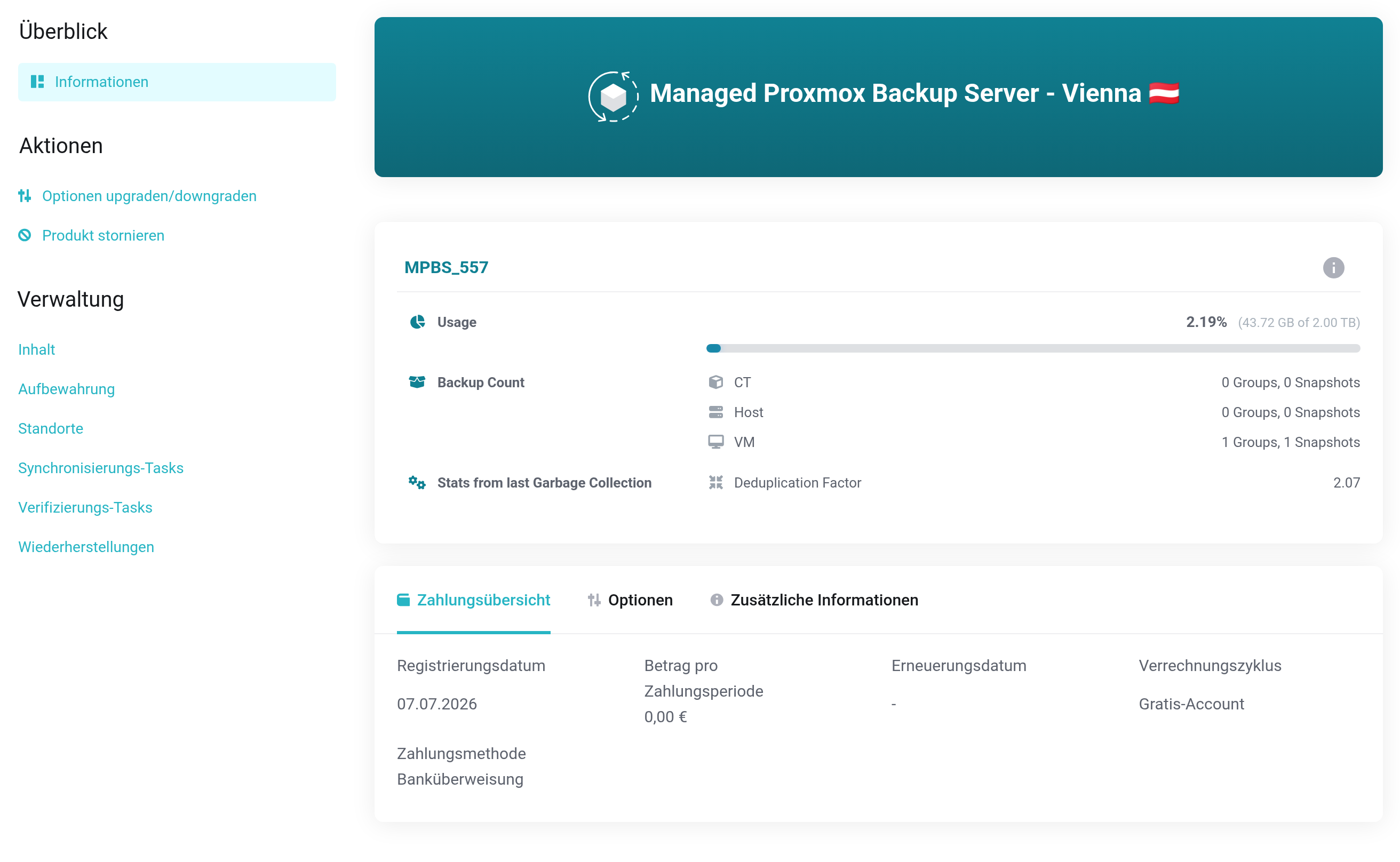 Übersichtsseite des Managed Proxmox Backup Server mit Auslastung, Anzahl der Sicherungen, Deduplizierungsfaktor und der Navigation Verwaltung