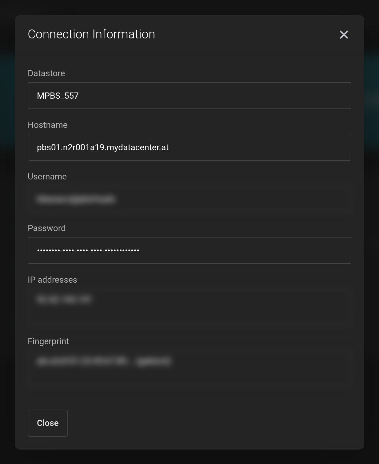 Connection Information dialog with the fields Datastore, Hostname, Username, Password, IP addresses and Fingerprint