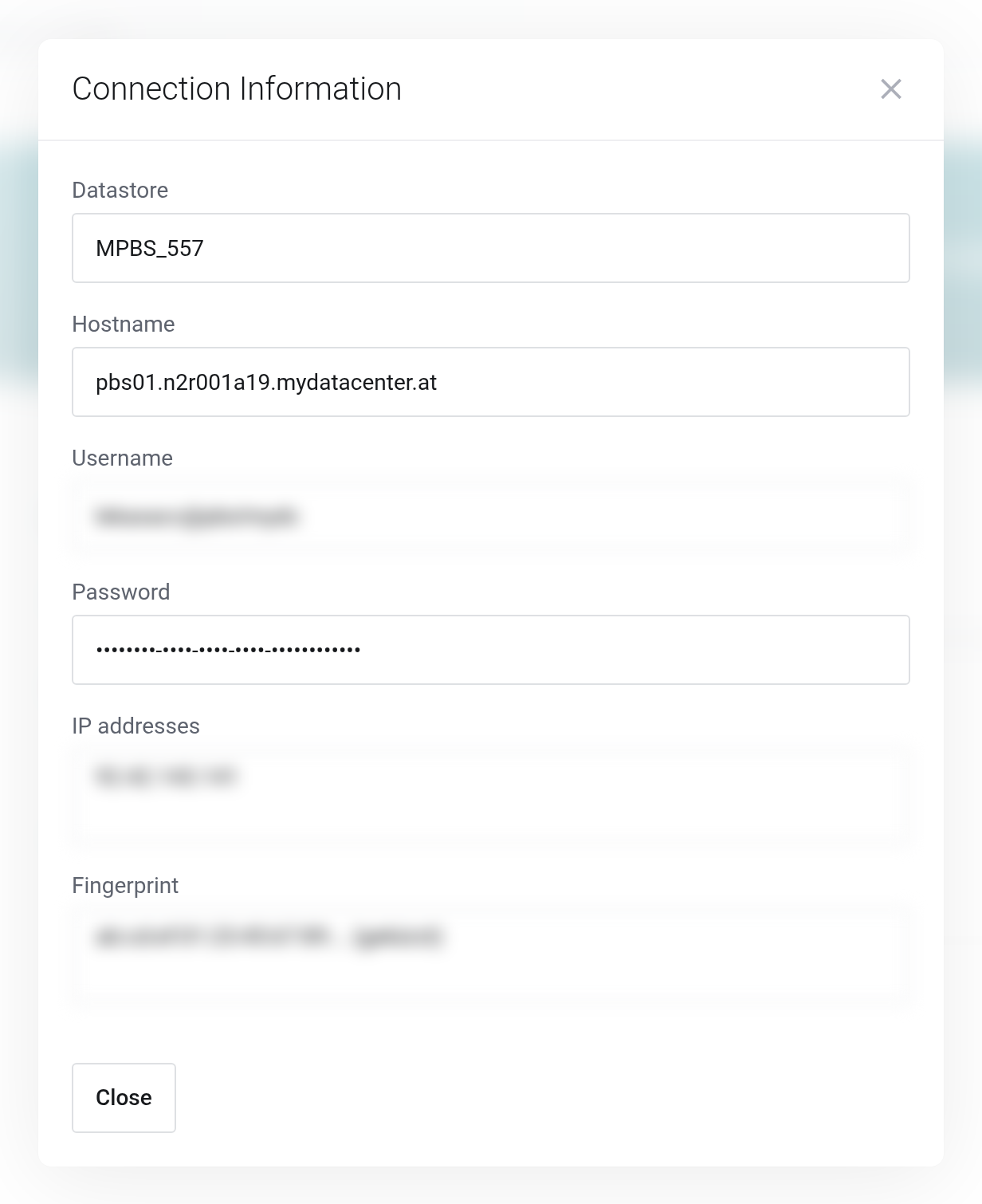 Connection Information dialog with the fields Datastore, Hostname, Username, Password, IP addresses and Fingerprint