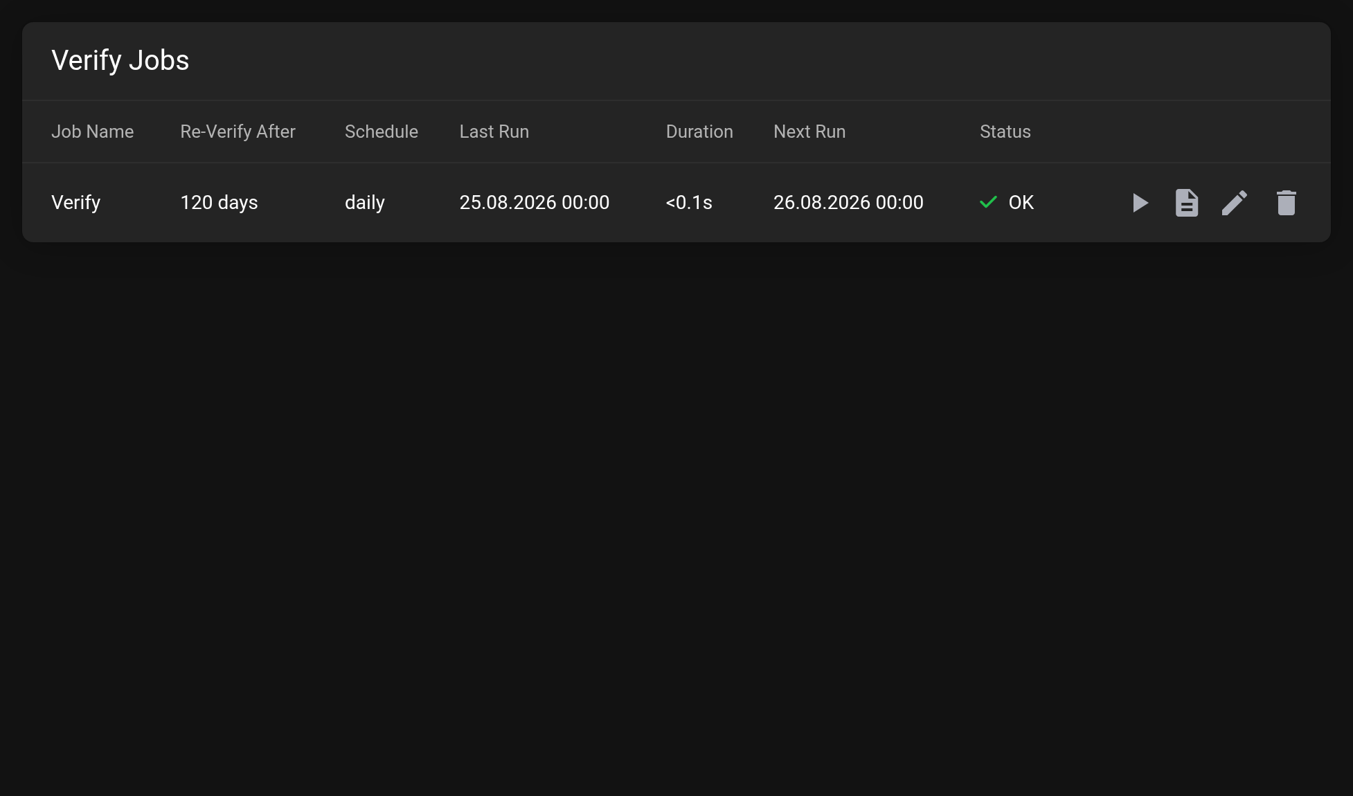 Verify Jobs page with one job created: Job Name, Re-Verify after, Schedule, Last Run and Next Run as well as Status OK