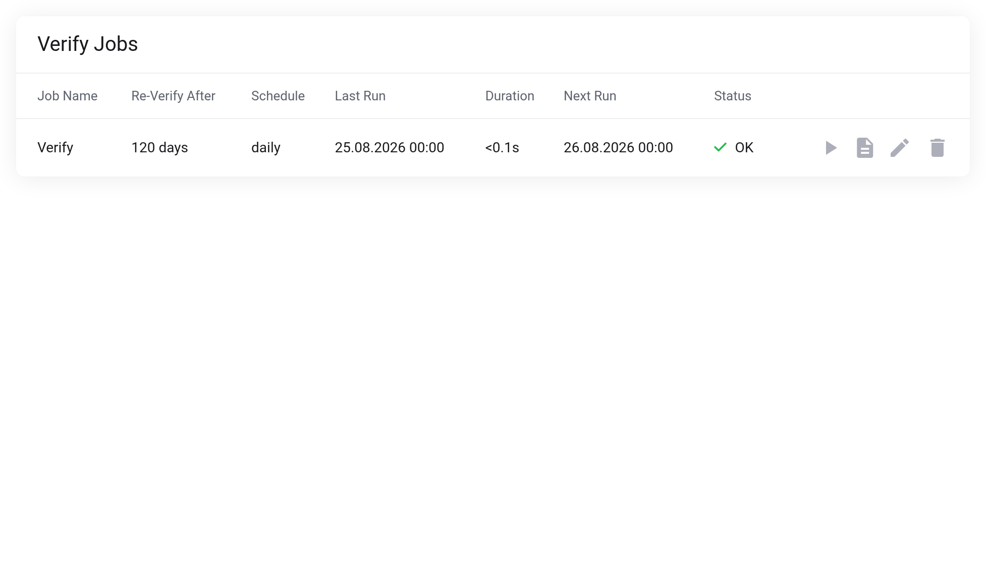 Verify Jobs page with one job created: Job Name, Re-Verify after, Schedule, Last Run and Next Run as well as Status OK