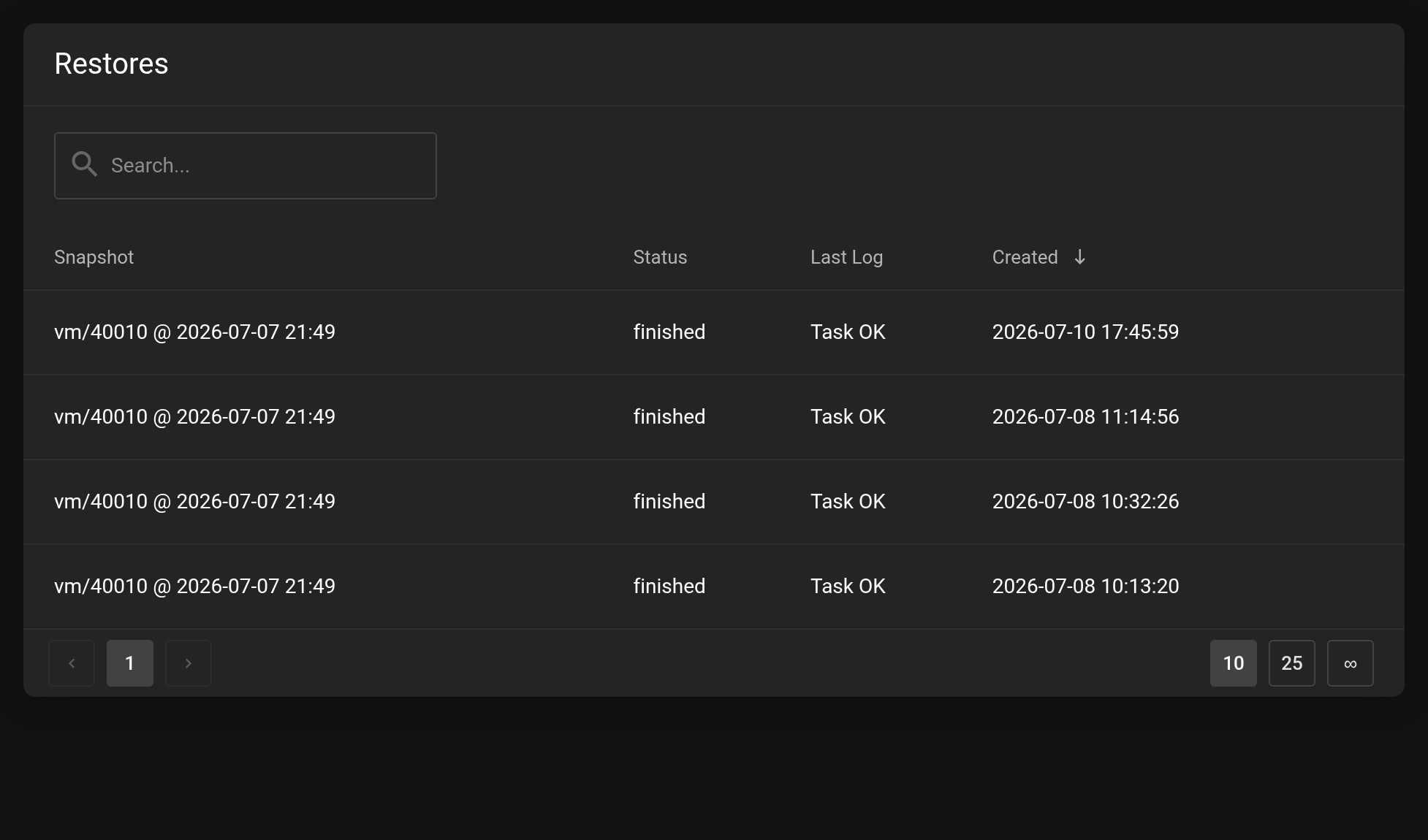 Restores page with Snapshot, Status finished, Last Log Task OK and Created